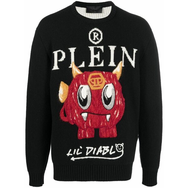 フィリップ飾り気のない メンズ 編み物\u0026プルオーバー アウター Embroidered-motif crew-neck jumper Black