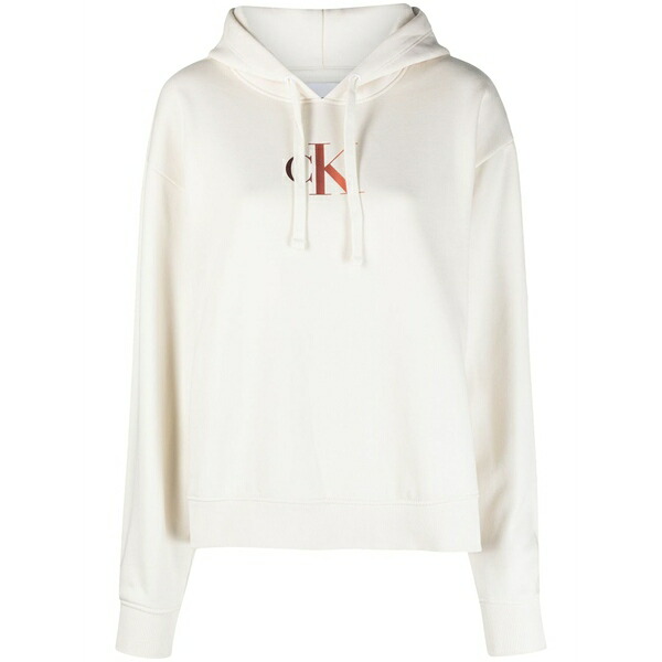 カルバンクライン レディース パーカー・スウェットシャツ アウター Monogram-print drawstring hoodie Neutrals