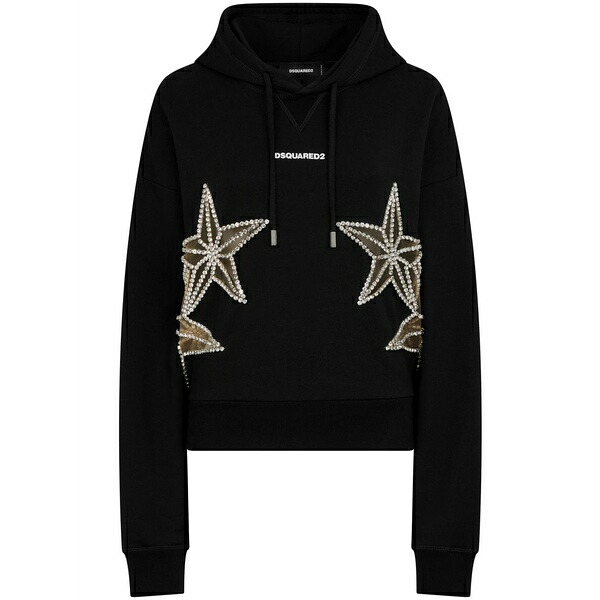 ディースクエアード レディース パーカー・スウェットシャツ アウター Star-embellished cotton hoodie Black