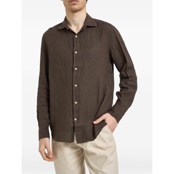 エムシーツーセイントバース メンズ プルオーバー トップス Long-sleeve button-down linen shirt Brown