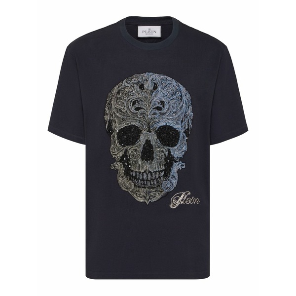 フィリップ飾り気のない メンズ ティーシャツ トップス Skull-embroidered t-shirt Blue