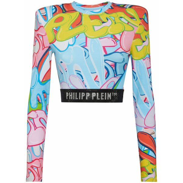 フィリップ飾り気の無い レディース カットソー トップス Padded shoulder cropped top ls bombing graffiti Blue