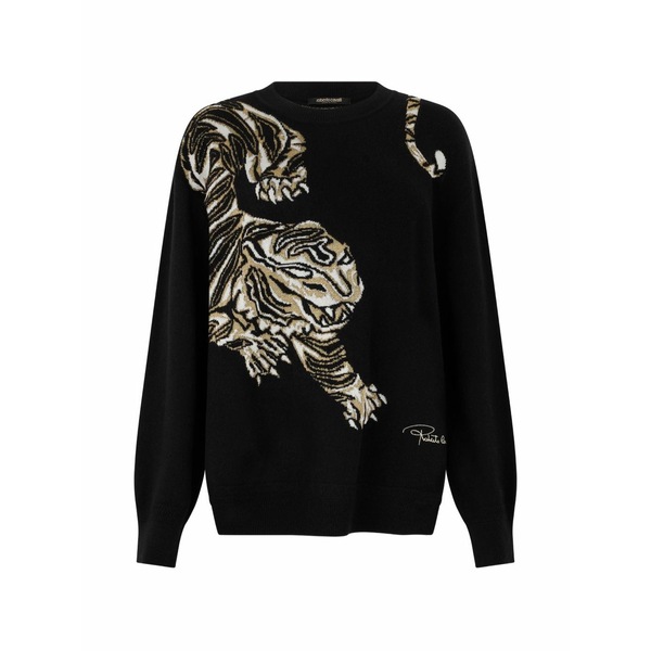 ロベルトカヴァリ レディース 編み物\u0026スウェーター アウター Tiger-print crew-neck sweater Black