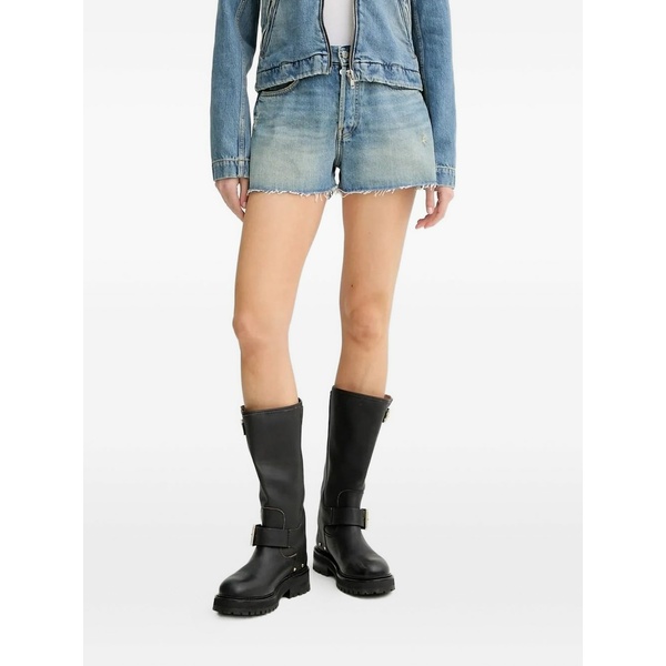 ウォン御手々赤いこと レディース 心地好いズボン下 ボトムス Frayed-hem denim shorts Blue