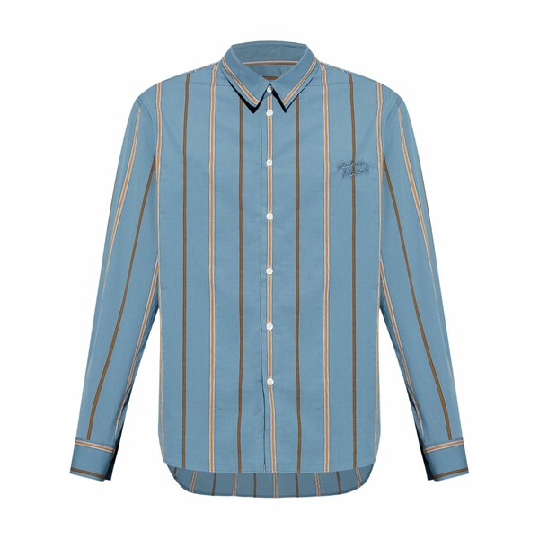 棲み家 狐狸 メンズ プルオーバー トップス Logo-embroidered striped shirt Blue