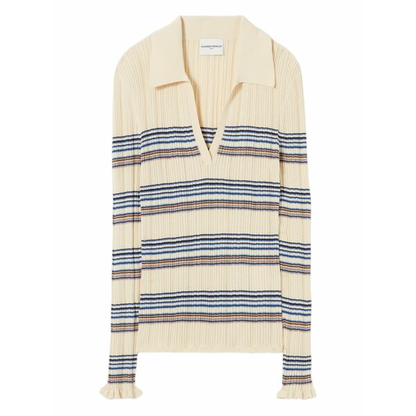 クローディピエルロ レディース ポロシャツ トップス Striped ruffled polo top Neutrals|asty