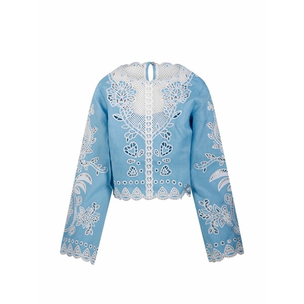 耕園 リオ レディース プルオーバー トップス Long-sleeve cut-out blouse Blue