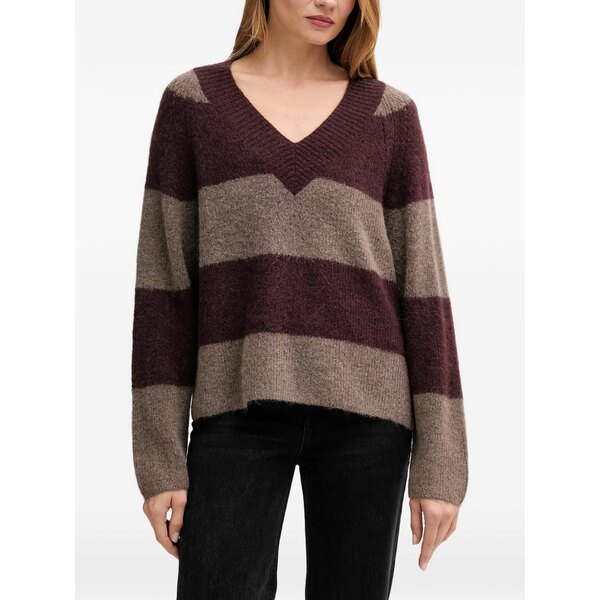 モス モッシュ レディース 編み物\u0026ティーシャツ アウター Striped v-neck sweater Purple