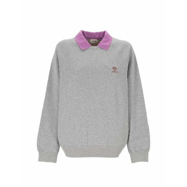 ヴェルサーチ レディース 編み物\u0026スウェーター アウター Polo collar embroidered sweatshirt Grey
