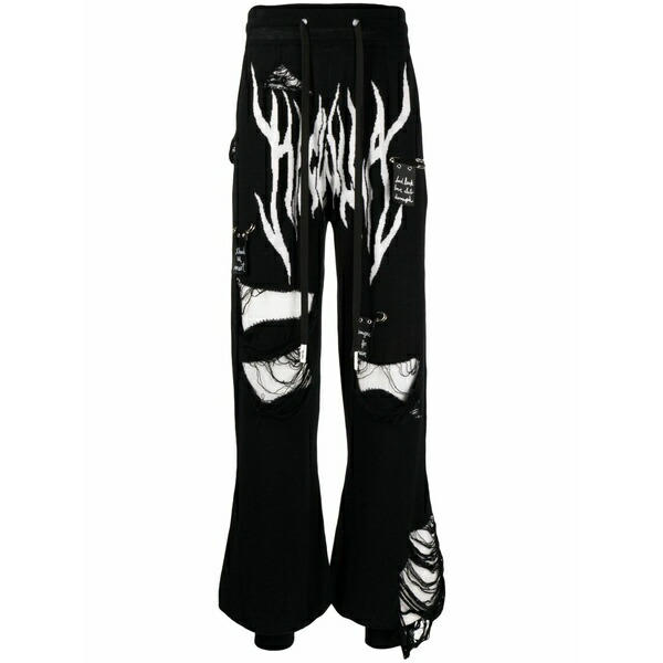 ハクーラ メンズ 心地よいズボン下 ボトムス Intarsia-knit distressed track pants Black