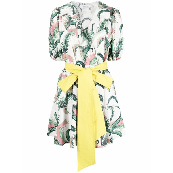 住み家 稲荷 レディース 衣裳 トップス Leaf-print belted wrap dress White