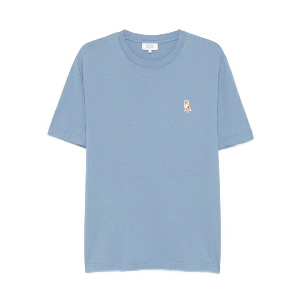 メゾン キツネ メンズ Tシャツ トップス Standing fox-embroidered cotton t-shirt Blue｜asty