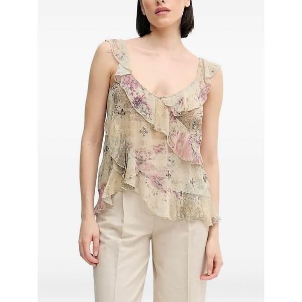 ホスイントロピア レディース ティーシャツ トップス Bead-embellished ruffled blouse Green