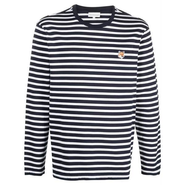 住み家 稲荷 メンズ 編み物\u0026プルオーバー アウター Fox-motif striped cotton t-shirt Blue
