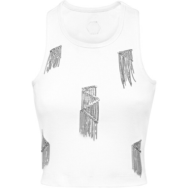 フィリップ飾り気の無い レディース カットソー トップス Fringed tank top White