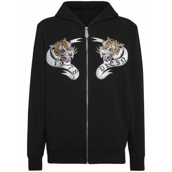 フィリップ飾り気のない メンズ パーカー・スウェットシャツ アウター Tiger-print crystal-embellished hoodie Black