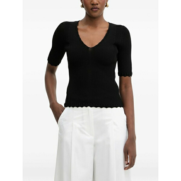 ツイン書き割り レディース ティーシャツ トップス Ribbed-knit scalloped-edge top Black