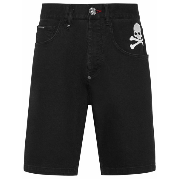 フィリッププレイン メンズ カジュアルパンツ ボトムス Skull-embroidered denim shorts Black｜asty