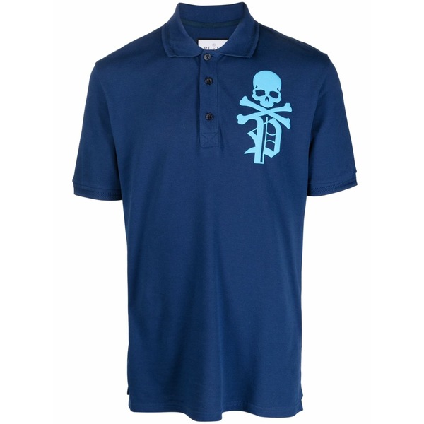 フィリッププレイン メンズ Tシャツ トップス Skull & bones logo-print t-shirt Blue｜asty