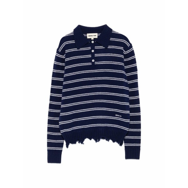 シュシュ/火箸 レディース スポーツシャツ トップス Striped distressed-effect polo shirt Blue
