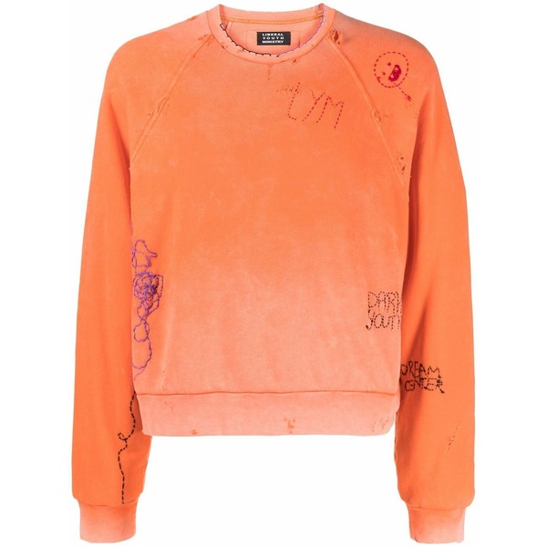 革新的 若い衆 ミニストリー メンズ パーカー・スウェットシャツ アウター Distressed-effect embroidered sweatshirt Orange