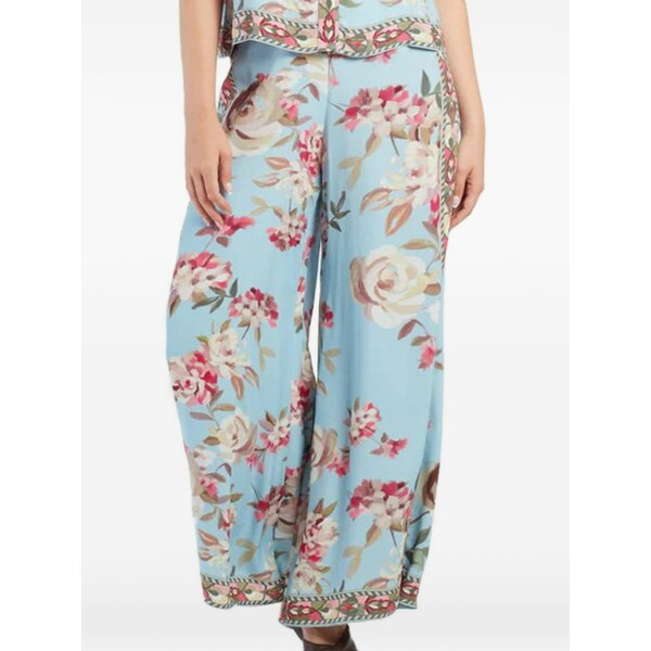 デリ レディース 心地好いズボン下 ボトムス Wide-leg floral-print trousers Blue