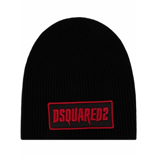 ディースクエアード メンズ 鳥打ち帽 付属物 Logo-appliqu￡ wool beanie Black