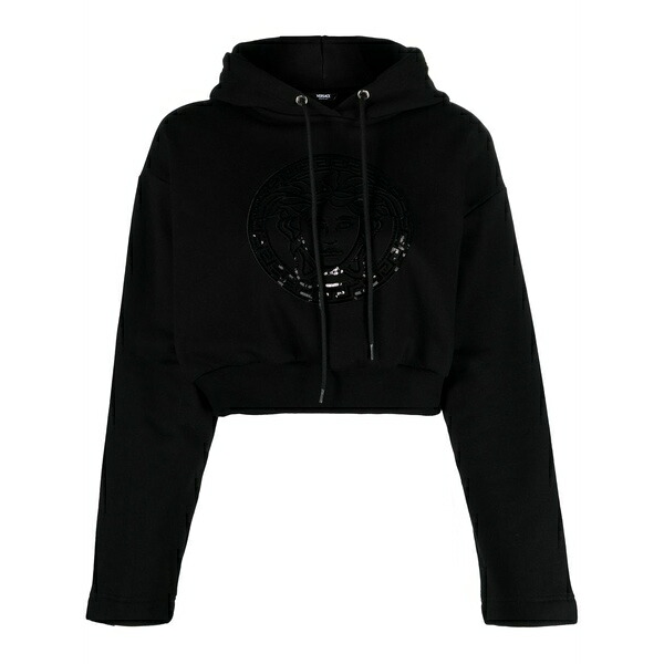 ヴェルサーチ レディース パーカー・スウェットシャツ アウター Medusa head-embellished cropped hoodie Black