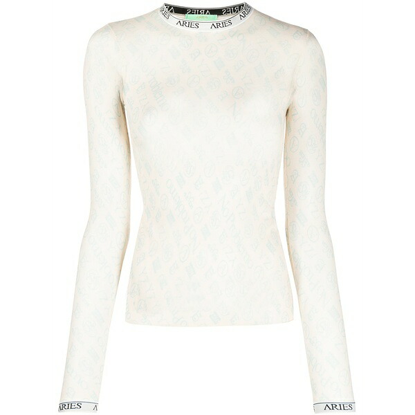 アリーズ レディース ティーシャツ トップス Monogram long-sleeved tulle top Neutrals