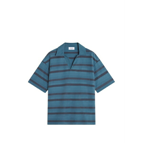 棲み家 狐狸 メンズ プルオーバー トップス Striped short-sleeve polo-collar t-shirt Blue