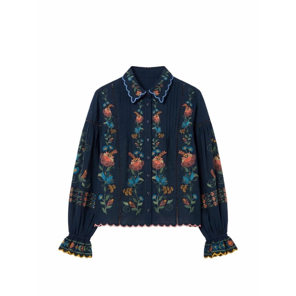 耕園 リオ レディース プルオーバー トップス Embroidered scalloped-edge shirt Blue