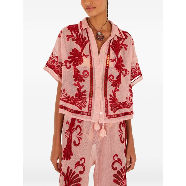 耕園 リオ レディース プルオーバー トップス Embroidered button-up shirt Pink