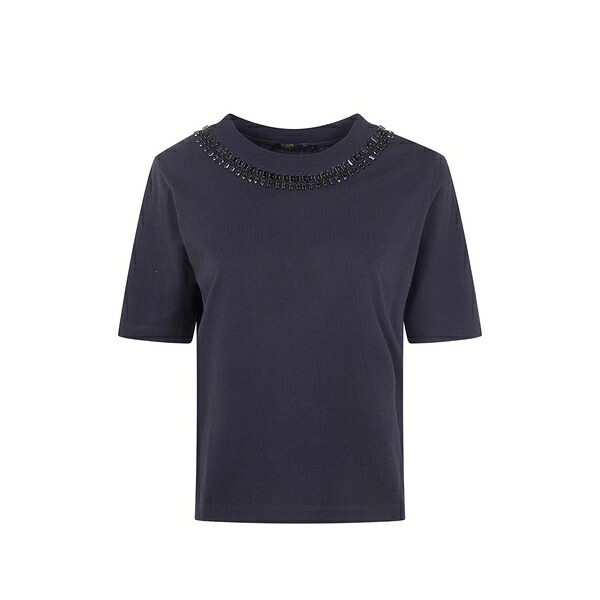 セブンティ レディース シャツ トップス Embellished neck t-shirt Blue｜asty