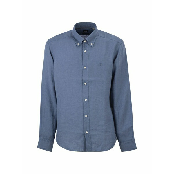 元締め メンズ プルオーバー トップス Button-down linen shirt Blue カジュアルシャツ-メンズファッション
