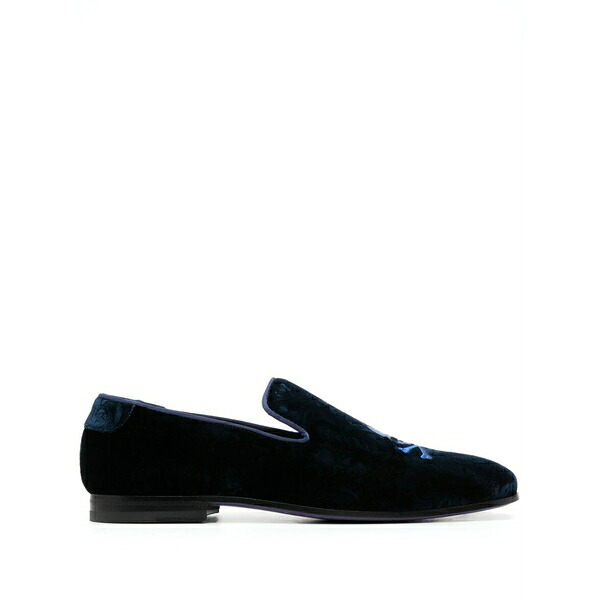 フィリップ飾り気の無い メンズ スリッポン・ローファー シューズ Skull-embroidered velvet loafers Blue