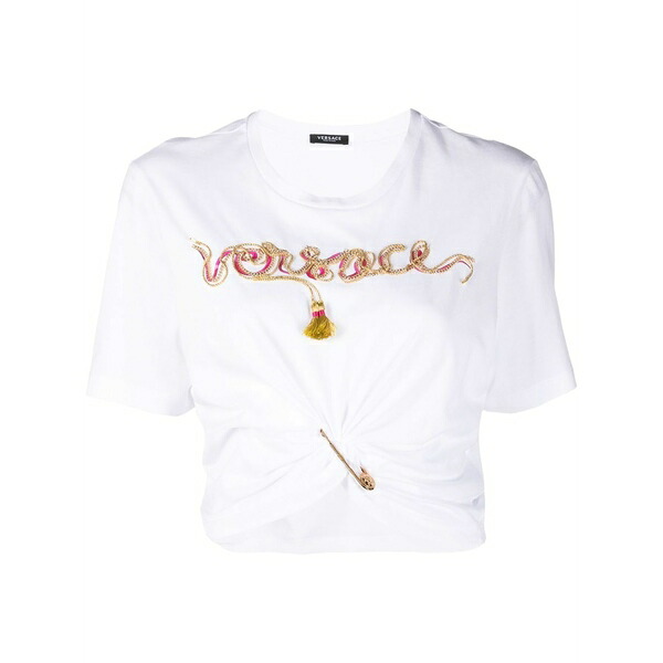 ヴェルサーチ レディース ティーシャツ トップス Embellished-logo safety-pin t-shirt White