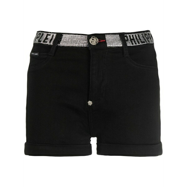 フィリップ飾り気の無い レディース 心地好いズボン下 ボトムス Logo-embellished denim shorts Black