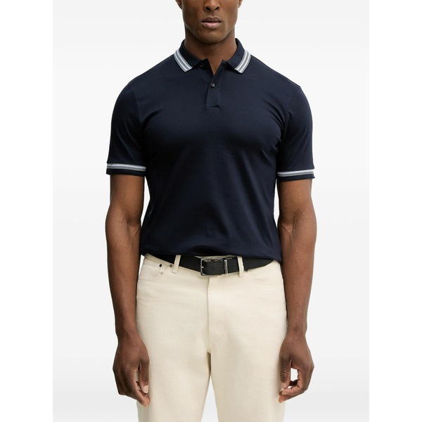 元締め メンズ スポーツシャツ トップス Striped-trim polo shirt Blue