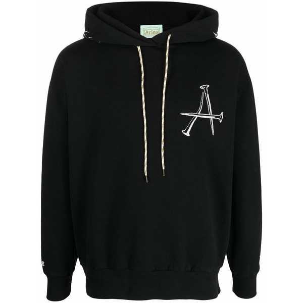 アリーズ メンズ パーカー・スウェットシャツ アウター Graphic print drawstring hoodie Black