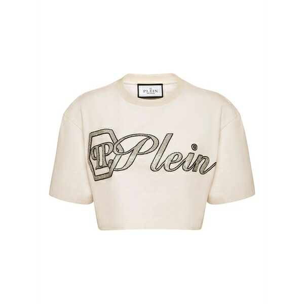 フィリップ飾り気の無い レディース プルオーバー トップス Crystal signature cropped t-shirt White