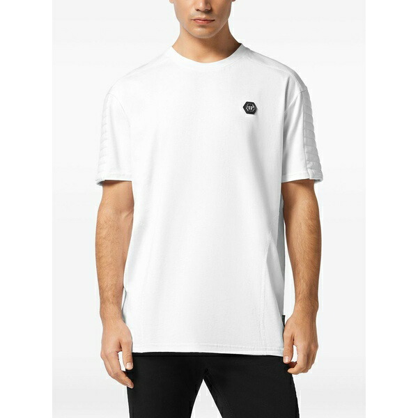 フィリッププレイン メンズ Tシャツ トップス Quilted-panel round-neck t-shirt White｜asty