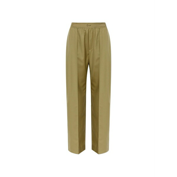 ケンゾー レディース 心地よいズボン下 ボトムス Logo-waistband pleated wool trousers Green