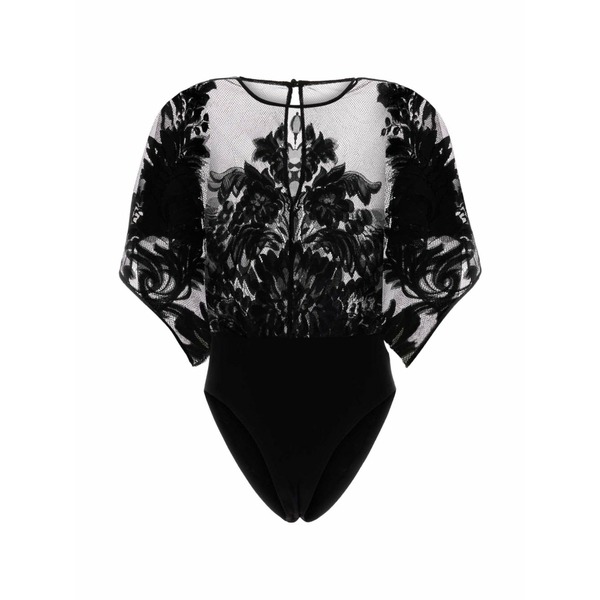 ノーマカマリ レディース 編み物\u0026ティーシャツ アウター Floral-lace draped-sleeve top Black
