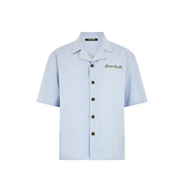 ロベルトカヴァリ メンズ プルオーバー トップス Logo-embroidered striped shirt Blue