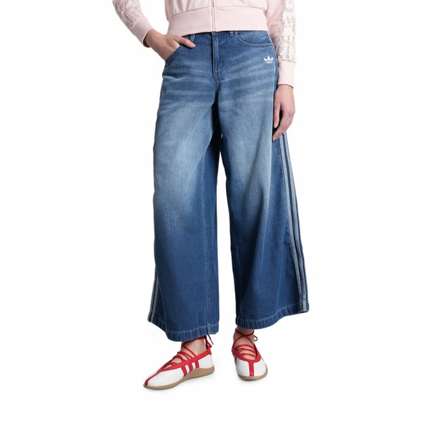 アディダス レディース ジーンズズボン下 ボトムス 3-stripe wide-leg jeans Blue