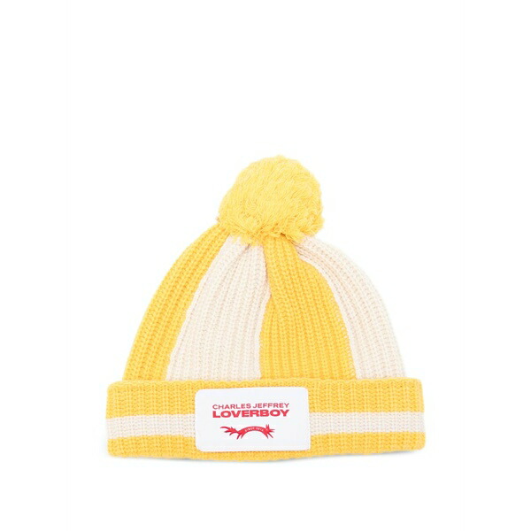 プリンスチャールズ島・ジェフリー メンズ 鳥打ち帽 付属物 Striped pompom beanie hat Yellow