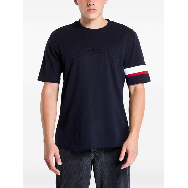 トミー ヒルフィガー メンズ プルオーバー トップス Embossed-logo stripe-detail t-shirt Blue