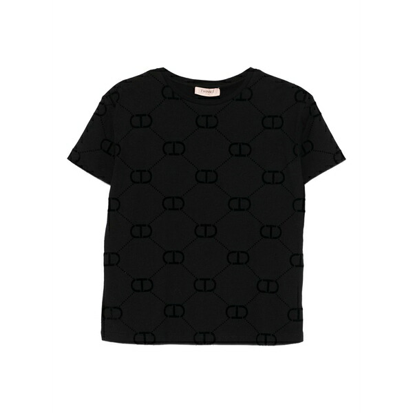 ツイン書き割り レディース ティーシャツ トップス Logo-pattern t-shirt Black