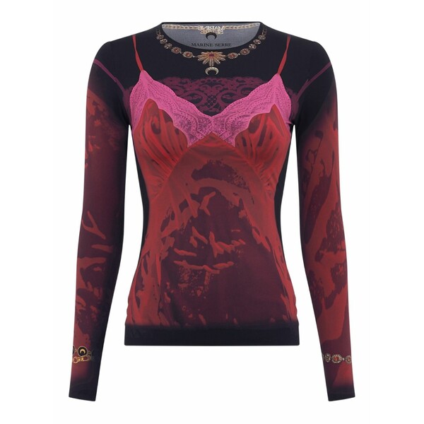 米国海兵隊員 独居室 レディース ティーシャツ トップス Printed crew-neck long-sleeved t-shirt Red