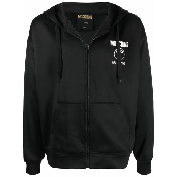 モスキーノ メンズ パーカー・スウェットシャツ アウター Logo-print zip-up hoodie  Black